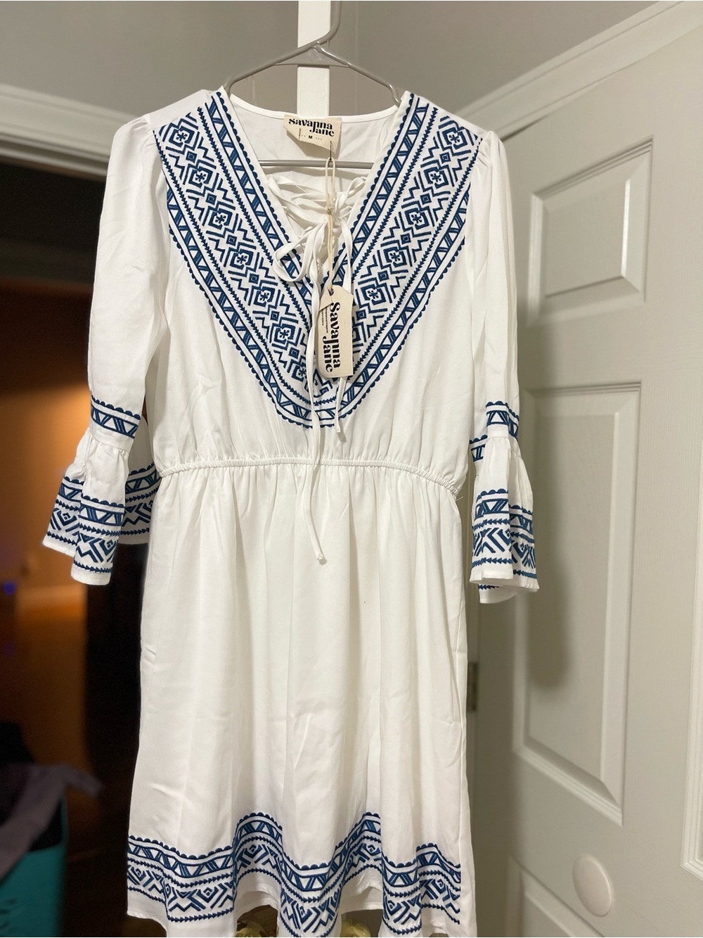 White Embroidered V-Neck Boho Dress - Navy Trim